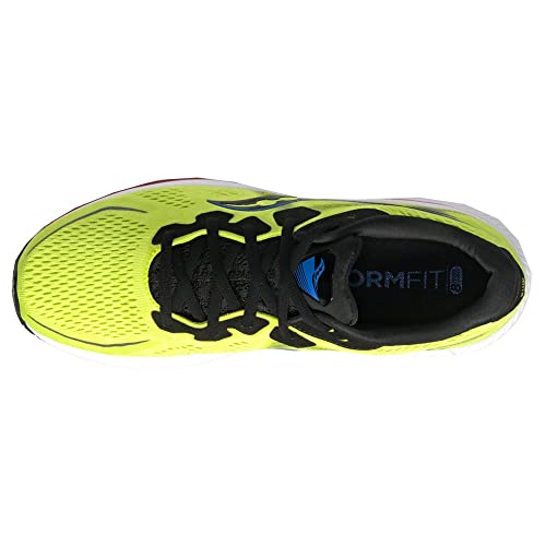 Top view of the mens Saucony Omni 20 running shoe in bright yellow with black laces, mesh upper, PWRRUN cushioning, FORMFIT branding inside, and black inner lining.
