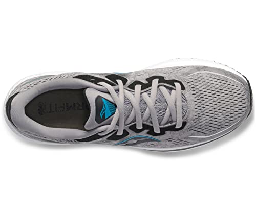 Top view of the Saucony Omni 20 Running Shoe - Mens: gray stability shoe with white laces, black tongue, blue logo details, breathable mesh upper, and plush PWRRUN cushioning for comfort.