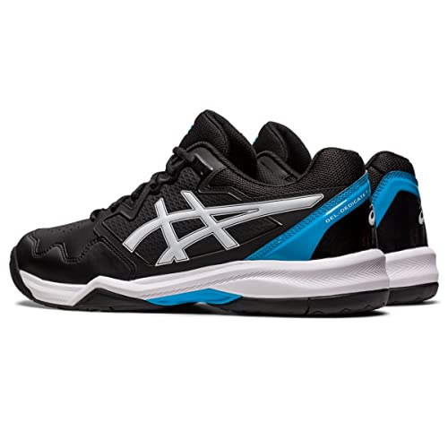 A pair of ASICS Gel Dedicate 7 - Mens tennis shoes in black with silver stripes, blue accents, and white midsoles are shown side by side on a white background.