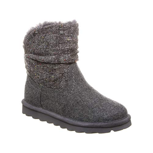 The BEARPAW Virginia Boots for women feature a gray sheepskin design with a thick sole, soft exterior, cuffed textured upper, plush visible lining, and NeverWet technology to resist water and stains.