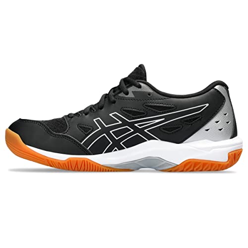 The ASICS Gel-Rocket 11 - Womens features a black and white mesh upper, orange sole, cushioned midsole, bold ASICS logo, and stylish black heel detailing—crafted for stability on indoor courts.
