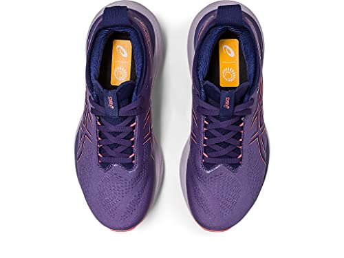 A top-down view of the ASICS Gel Nimbus 25 - Womens shoes in purple with pink accents and orange insoles. These running shoes offer laces, a textured upper, and lightweight cushioning for comfort.