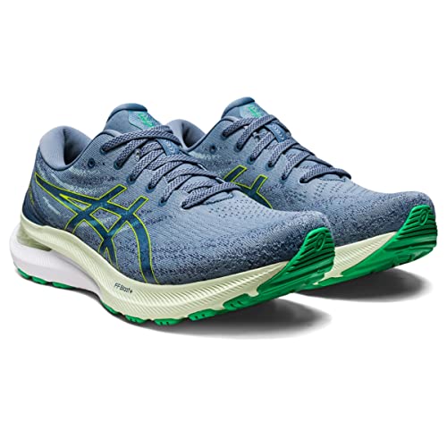 The ASICS Gel Kayano 29 - Mens running shoes feature blue and green mesh uppers, green outsoles and laces, a yellow stylized logo, and cushioned soles for stability and comfort on every run.