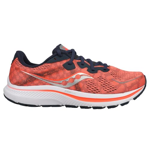 The Saucony Omni 20 Running Shoe - Womens features a bright orange mesh upper, white sole, black outsole, dark navy laces, and a silver wave logo, offering sporty design plus breathable stability and support for your runs.