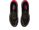 Top view of a pair of ASICS Gel Kayano 29 - Mens running shoes in black, with green laces, pink inner lining accents, patterned sides and heel, and insoles featuring a honeycomb-like design for stability.