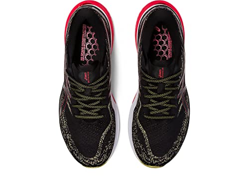 Top view of a pair of ASICS Gel Kayano 29 - Mens running shoes in black, with green laces, pink inner lining accents, patterned sides and heel, and insoles featuring a honeycomb-like design for stability.