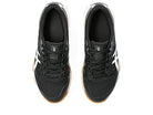 Top view of a pair of ASICS Gel-Rocket 11 - Womens indoor court shoes with black uppers, white accents, and orange-brown soles, side by side on a white background.
