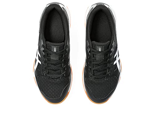Top view of a pair of ASICS Gel-Rocket 11 - Womens indoor court shoes with black uppers, white accents, and orange-brown soles, side by side on a white background.