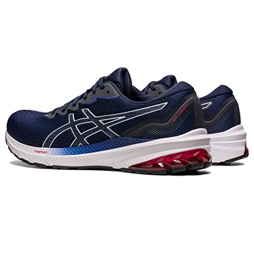 A pair of ASICS GT-1000 11 - Mens running shoes in navy with white and red accents, mesh uppers, FLYTEFOAM cushioning, and ASICS logo on the side, positioned side by side at an angle.