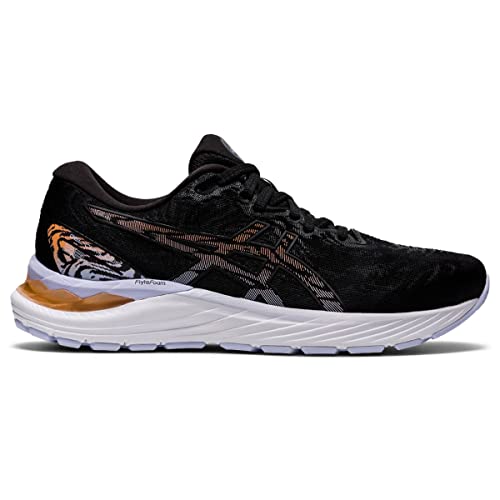 The ASICS Cumulus 23 - Womens features a black mesh upper, white sole, orange and white tiger graphic near the heel, black laces, lightweight cushioning, and a streamlined design inspired by the GEL-NIMBUS 23 for athletic use.