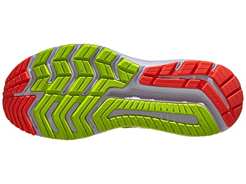 The Saucony Omni 20 Running Shoe - Mens features a vibrant green and orange grooved rubber sole for traction, flexibility, and responsive PWRRUN cushioning.