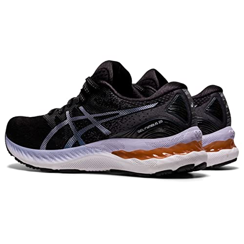 A pair of ASICS Gel Nimbus 23 - Womens running shoes in black with white midsoles and brown heel accents, famous for superior shock absorption, shown from a rear-side view on a white background.