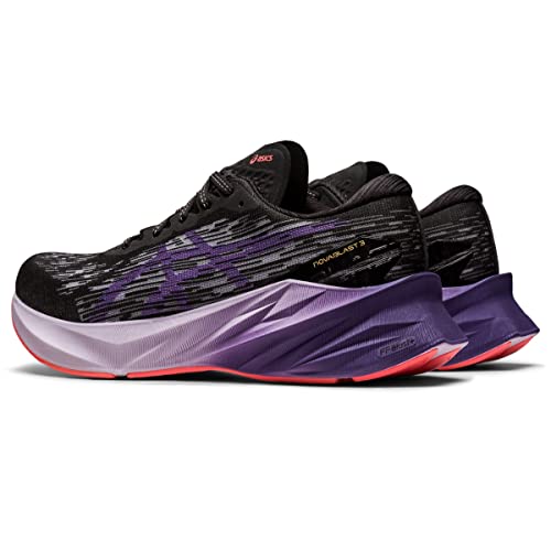 The ASICS Novablast 3 - Womens features a black and purple jacquard mesh upper, thick angular soles, gradient purple midsoles, and orange accents on the outsole and logo.