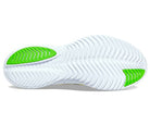 The image shows the sole of the Saucony Kinvara 14 Running Shoe - Womens, featuring a wavy, textured pattern with green rubber grip zones at the toe and heel for added traction and responsive PWRRUN foam cushioning.