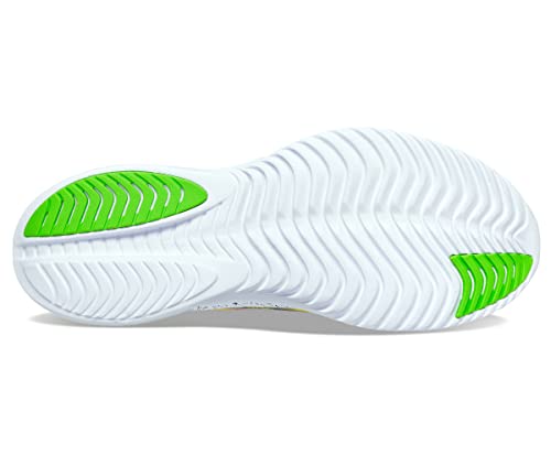 The image shows the sole of the Saucony Kinvara 14 Running Shoe - Womens, featuring a wavy, textured pattern with green rubber grip zones at the toe and heel for added traction and responsive PWRRUN foam cushioning.