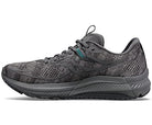 The Saucony Omni 21 Running Shoe for men is shown from the side on a white background, featuring a gray adaptive upper, thick cushioned sole, lace-up closure, and engineered midfoot support.