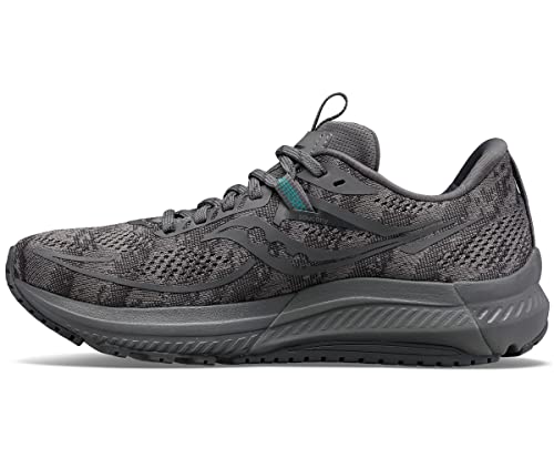 The Saucony Omni 21 Running Shoe for men is shown from the side on a white background, featuring a gray adaptive upper, thick cushioned sole, lace-up closure, and engineered midfoot support.