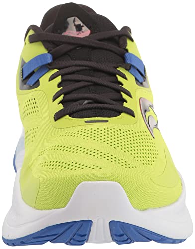 The Saucony Omni 20 Running Shoe - Mens features a yellow upper, black laces, blue accents by the eyelets, and a white sole with blue treads. PWRRUN cushioning ensures comfort. Front view shown; inspired by the Omni 20 design.