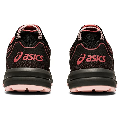 Back view of ASICS Trail Scout - Womens shoes in black and pink, featuring a pink ASICS logo on the heel, light pink soles, and breathable mesh upper—ideal for trail running.