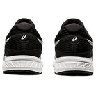 A pair of ASICS Gel-Contend 6 mens running shoes in black, shown from the back with cushioned white soles and the ASICS logo on the heel.