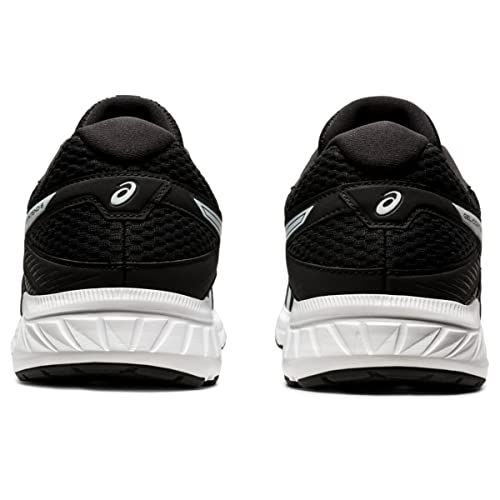 A pair of ASICS Gel-Contend 6 mens running shoes in black, shown from the back with cushioned white soles and the ASICS logo on the heel.