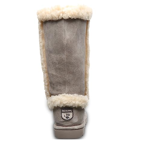 A single tall gray suede BEARPAW Kendall womens winter boot, featuring cream-colored fur trim and lining, flat sole, and a “Bearpaw” logo patch on the heel—cozy style seen from the back.