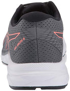 Rear view of the ASICS Gel-Excite 6 - Womens running shoe in grey with black and coral accents, featuring GEL technology, GEL-EXCITE 6 text on the side, and a white sole.