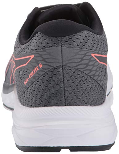 Rear view of the ASICS Gel-Excite 6 - Womens running shoe in grey with black and coral accents, featuring GEL technology, GEL-EXCITE 6 text on the side, and a white sole.