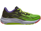 The Saucony Omni 20 Running Shoe for men is shown side view on a white background in bright green with black and purple accents, a gray and red sole, yellow-green laces, and features PWRRUN cushioning.