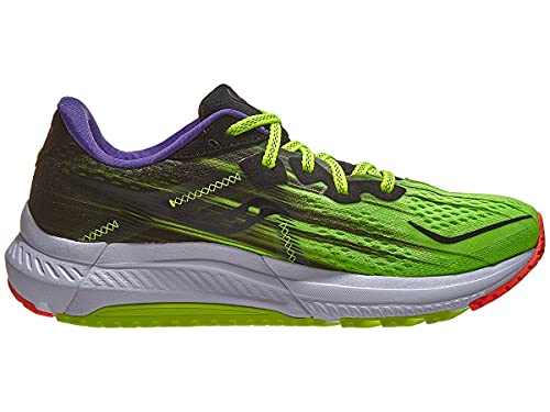 The Saucony Omni 20 Running Shoe for men is shown side view on a white background in bright green with black and purple accents, a gray and red sole, yellow-green laces, and features PWRRUN cushioning.