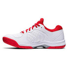 A side view shows the ASICS GEL-DEDICATE 6 womens tennis shoe in white with red accents on the sole, laces, and inner lining, set against a plain white background—ideal for tennis courts.