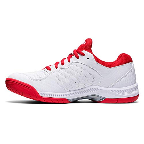 A side view shows the ASICS GEL-DEDICATE 6 womens tennis shoe in white with red accents on the sole, laces, and inner lining, set against a plain white background—ideal for tennis courts.