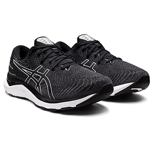 The ASICS Gel Cumulus 24 - Mens running shoes feature FF BLAST cushioning, black uppers, white midsoles, and the signature ASICS logo—shown at a three-quarter angle on a white background—making them an ideal everyday trainer.