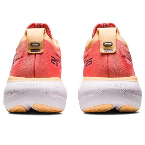 Rear view of the ASICS Gel Nimbus 25 - Womens, showing orange and peach tones with white soles and black accents. The heel highlights ASICS branding and lightweight cushioning for comfort in these running shoes.