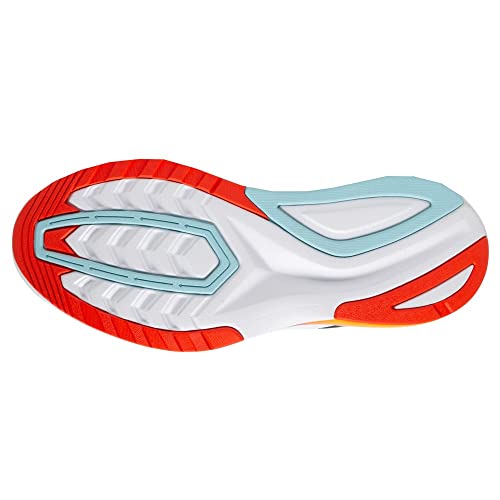 The image displays the sole of the Saucony Endorphin Shift 2 Running Shoe - Womens, with white, red, and light blue colors, textured tread for grip and support, and SPEEDROLL Technology.