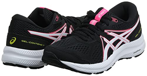 A pair of ASICS GEL-Contend 7 womens running shoes in black with white soles, pink and white accents, and yellow heel branding, designed for superior cushioning, displayed against a white background.