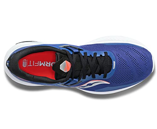 Top view of the Saucony Omni 20 Running Shoe - Mens in blue, featuring black laces, PWRRUN cushioning, a white and black sole, red insole with FORMFIT text, mesh details, and a white Saucony logo on the side.