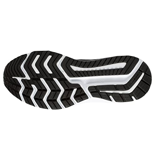 The image displays the black and white rubber outsole of the Saucony Omni 20 Running Shoe - Mens, highlighting its zigzag tread for traction and flex grooves for enhanced grip and flexibility.