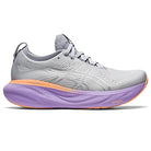The ASICS Gel Nimbus 25 - Womens features a gray mesh upper with white details, a thick purple sole with an orange base, lace-up closure, and lightweight cushioning for comfort on every run.