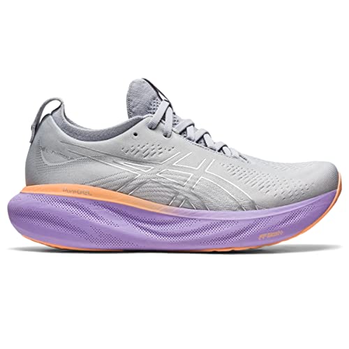 The ASICS Gel Nimbus 25 - Womens features a gray mesh upper with white details, a thick purple sole with an orange base, lace-up closure, and lightweight cushioning for comfort on every run.