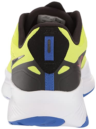 Rear view of the Saucony Omni 20 Running Shoe - Mens shows yellow and black colors, a blue heel stripe, white midsole, blue outsole accents, black lining, visible inner label, and features PWRRUN cushioning for stability.