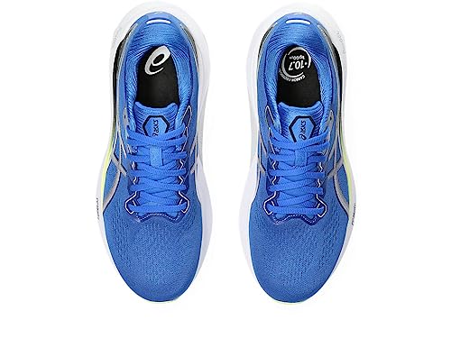 A top view of the ASICS Gel-Kayano 30 - Mens shows blue mesh uppers, laces, and white soles—the perfect stability running shoes for distance training.