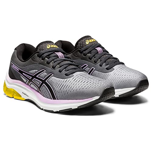 A pair of ASICS GEL-PULSE 12 Womens running shoes in grey and black with purple and yellow accents, featuring an engineered mesh upper for breathability and a cushioned AmpliFoam midsole, shown on a white background.