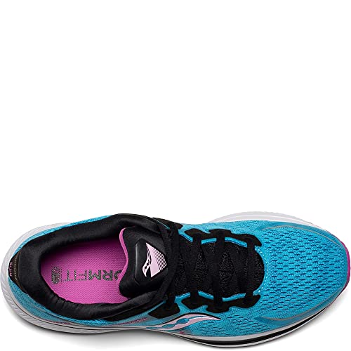 A top view of the Saucony Omni 20 Running Shoe for women in blue with black laces, a pink insole, and a white sole. Designed for support and stability, Saucony logos appear on the tongue and side of this high-performance shoe.