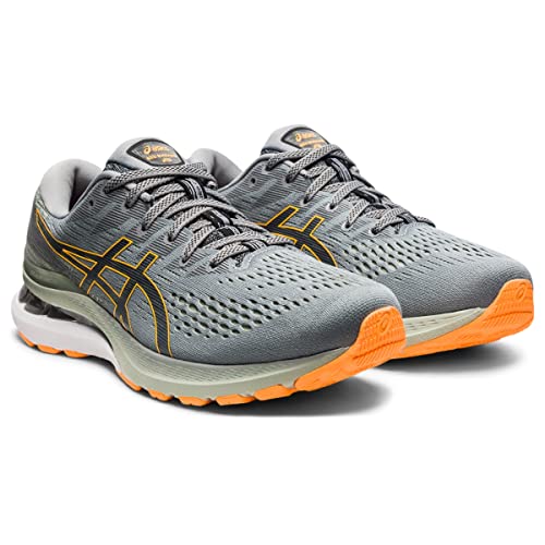 The ASICS Gel Kayano 28 - Mens in gray features black and yellow accents, orange soles, breathable mesh uppers, and advanced GEL technology, shown on a white background.