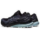 The ASICS Gel Kayano 29 - Mens running shoes feature a black and blue wave pattern, white accents, and a thick light blue sole. Known for stability, they are displayed with one shoe slightly ahead of the other.