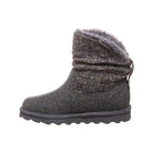 The BEARPAW Virginia Boots - Womens, shown in profile facing left on a white background, feature a gray textured exterior, mid-calf height, fleece lining, rubber sole, and NeverWet technology for water resistance.
