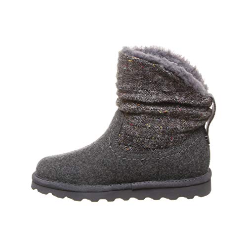 The BEARPAW Virginia Boots - Womens, shown in profile facing left on a white background, feature a gray textured exterior, mid-calf height, fleece lining, rubber sole, and NeverWet technology for water resistance.