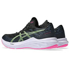 A pair of womens ASICS Dynablast 3 running shoes in black with light green stripes, white midsoles, and bright pink outsoles, shown angled. Features responsive FLYTEFOAM BLAST cushioning for comfort.