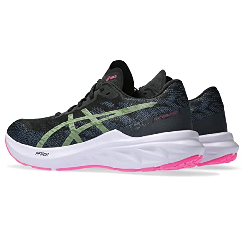 A pair of womens ASICS Dynablast 3 running shoes in black with light green stripes, white midsoles, and bright pink outsoles, shown angled. Features responsive FLYTEFOAM BLAST cushioning for comfort.